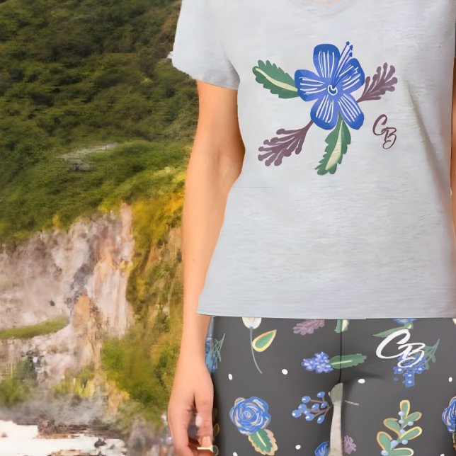 Camiseta Malhação Yoga do Hibiscus Azul Monograma Superior (Criador carregado)