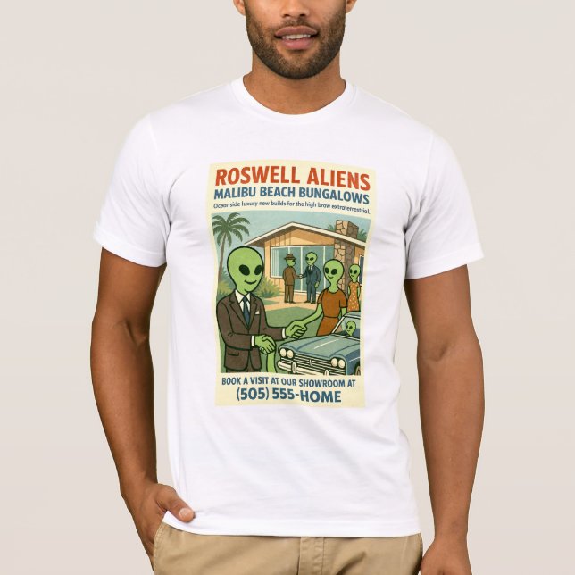 Camiseta Malibu Beach Bungalows 1950's Roswell Aliens Retro (Frente)