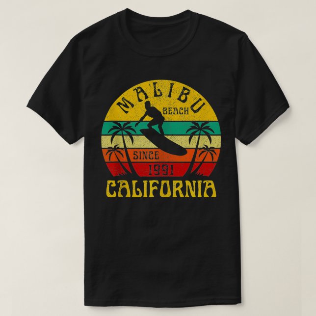 Camiseta Malibu Beach California Surfing Ocean Vinta (Frente do Design)