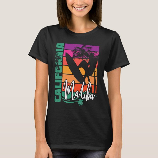 Camiseta Malibu California Retro Sunset Beach Surfer Surfin (Frente)