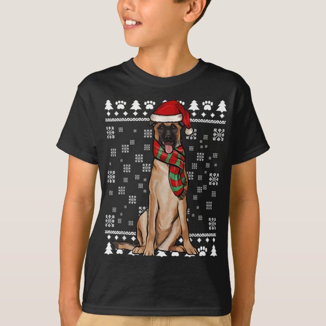 Camiseta Malinoi Belga Cão Santa Hat Natal Feio Natal (Frente)