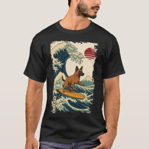 Camiseta Malinois Belga Surfando Onda Japonesa Kanagawa Mo