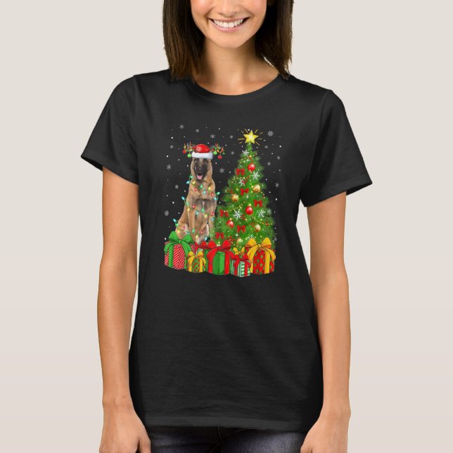 Camiseta Malinois Dog Lighting Xmas Tree Santa Hat Malinois (Frente)