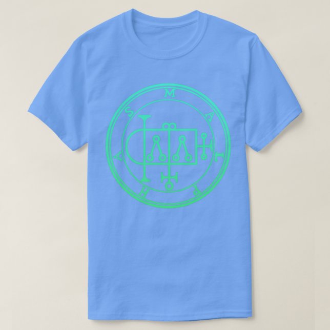Camiseta Malphas Sigil constrói gradiente verde de casas (Frente do Design)