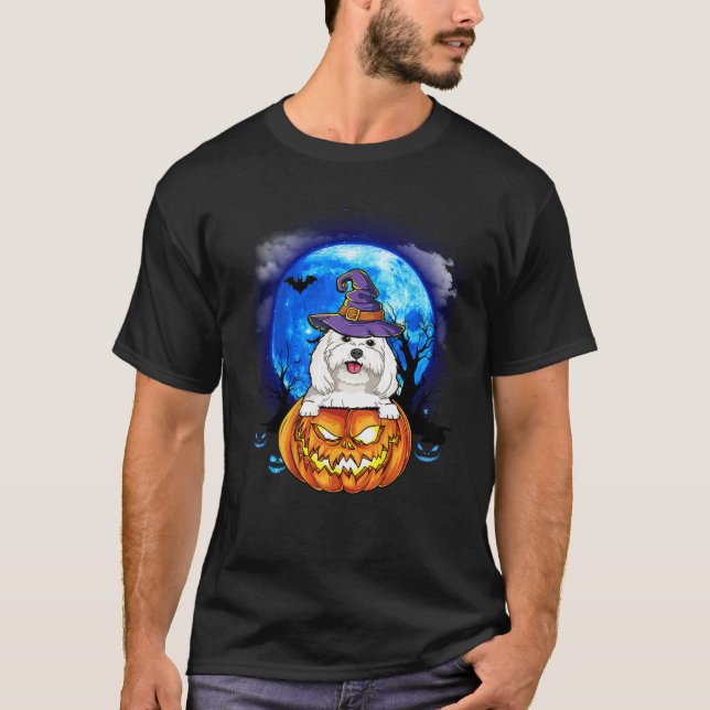 Camiseta Maltês Bruxa Moon Pumpkin Assustador Cachorro do H (Frente)