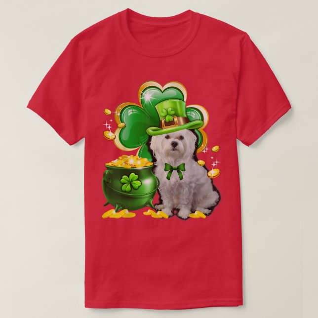 Camiseta Maltês Cachorro Dia de São Patrício Shamrock Irlan (Frente do Design)