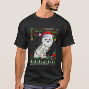 Camiseta Maltês Cachorros Luzes de Natal Papais noeis Suor