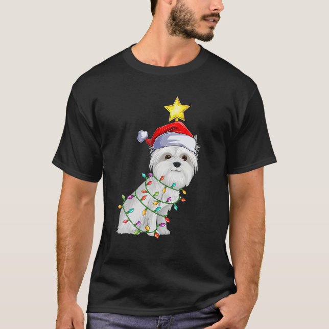 Camiseta Maltês Cães Xmas Lighting Tree Matando Maltês Ch (Frente)
