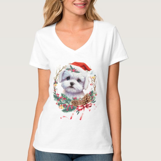 Camiseta Maltês Puppy Christmas, Xmas Maltês Dog (Frente)