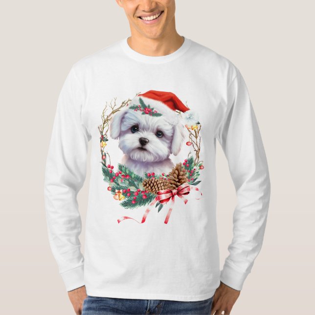 Camiseta Maltês Puppy Christmas, Xmas Maltês Dog (Frente)
