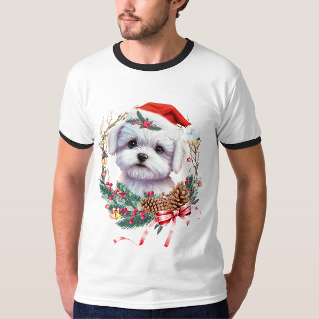 Camiseta Maltês Puppy Christmas, Xmas Maltês Dog (Frente)