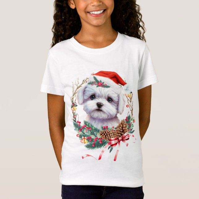 Camiseta Maltês Puppy Christmas, Xmas Maltês Dog (Frente)