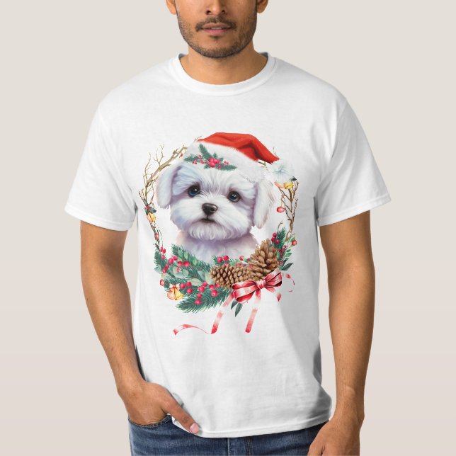 Camiseta Maltês Puppy Christmas, Xmas Maltês Dog (Frente)