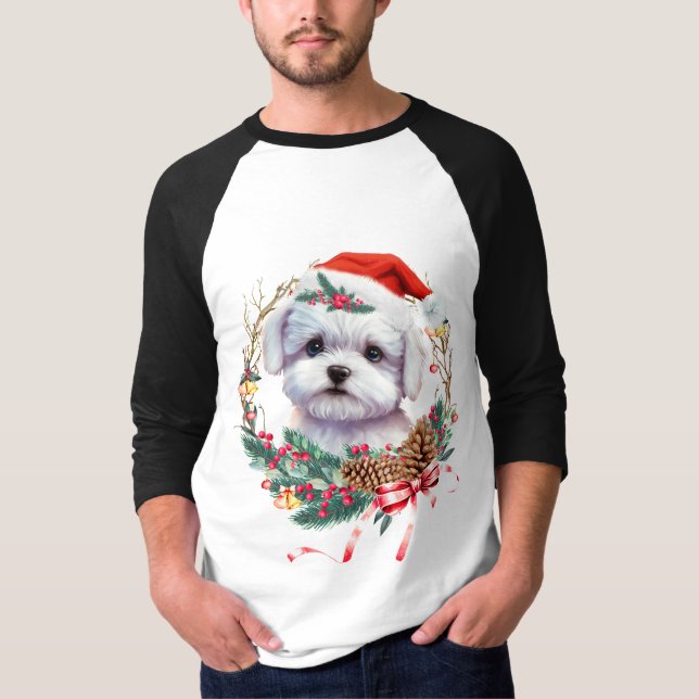 Camiseta Maltês Puppy Christmas, Xmas Maltês Dog (Frente)