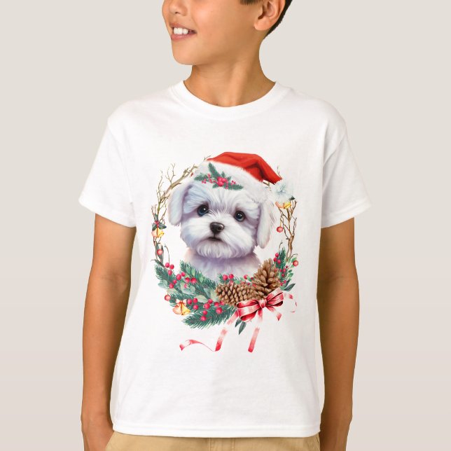 Camiseta Maltês Puppy Christmas, Xmas Maltês Dog (Frente)