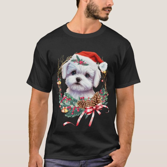 Camiseta Maltês Puppy Christmas, Xmas Maltês Dog (Frente)
