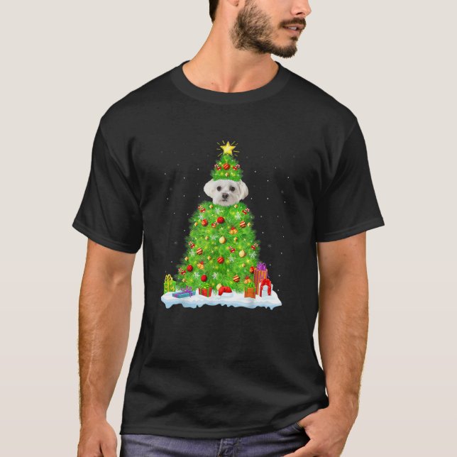 Camiseta Maltês Xmas Lighting Tree Engraçado Maltês Chris (Frente)