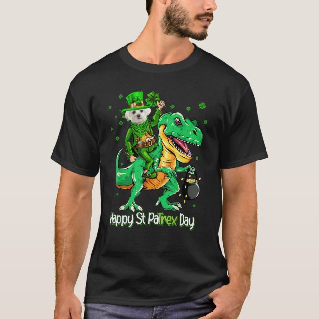 Camiseta Maltese Riding Dinosaur Patricks Day Shamrock (Frente)