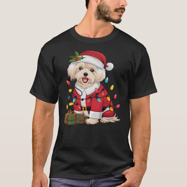 Camiseta Maltese Xmas Lighting Santa Maltese Dog Christmas (Frente)