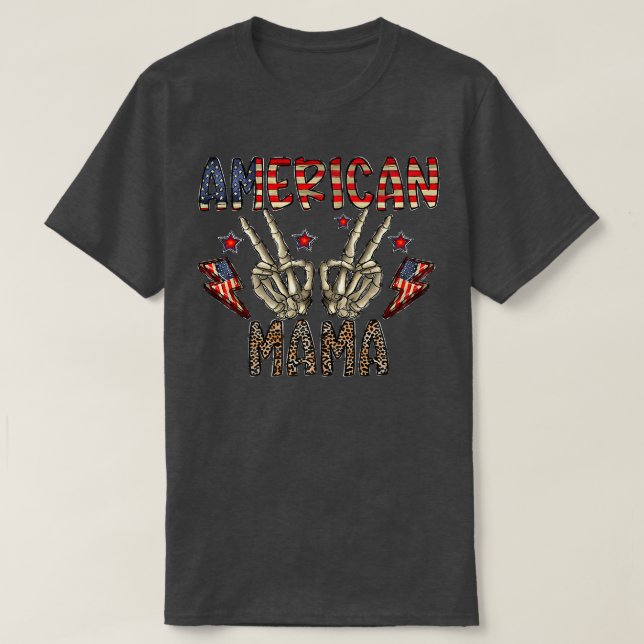 Camiseta Mama Americana Skeleton Hand Western 4 De Julho Le (Frente do Design)
