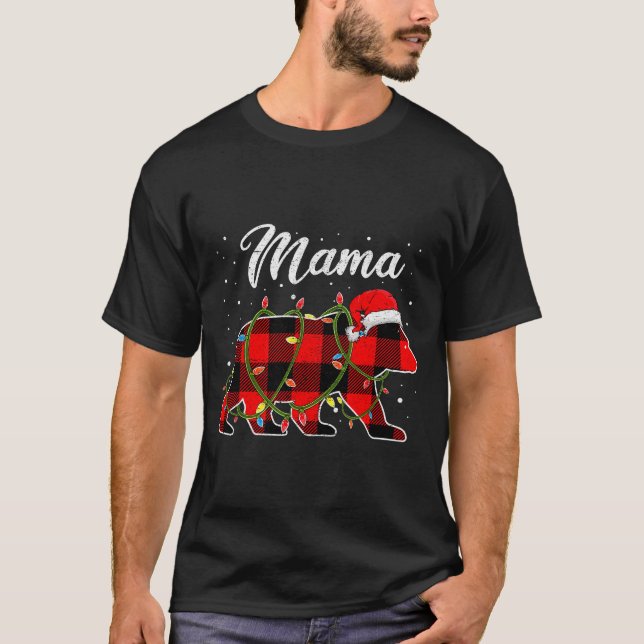 Camiseta Mama Bear Shirt, Red Buffalo Plaid Mom Bear Pajama (Frente)