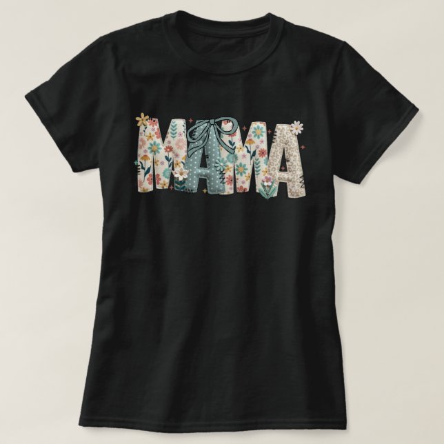 Camiseta MAMA Floral Patchwork Costurado com Laço Dia das M (Frente do Design)