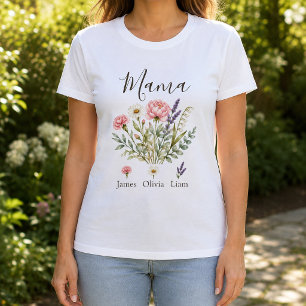 Camiseta Mama Flores Aquarela com Nomes das Crianças