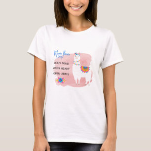 Camiseta Mama Llama diz mente aberta, coração aberto, arm