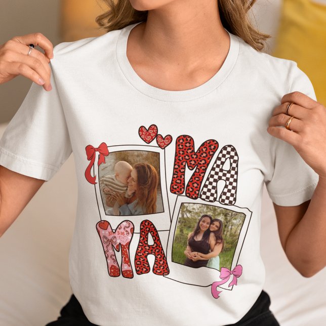 Camiseta Mama Photo Collage Coquette Leopard Bow Shirt (Criador carregado)