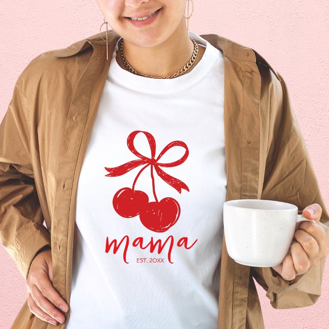 Camiseta Mama Vermelha Arco de Cereja Gastada à Mão (Hand Drawn Cherry Cute Bow Red Mama T-Shirt)