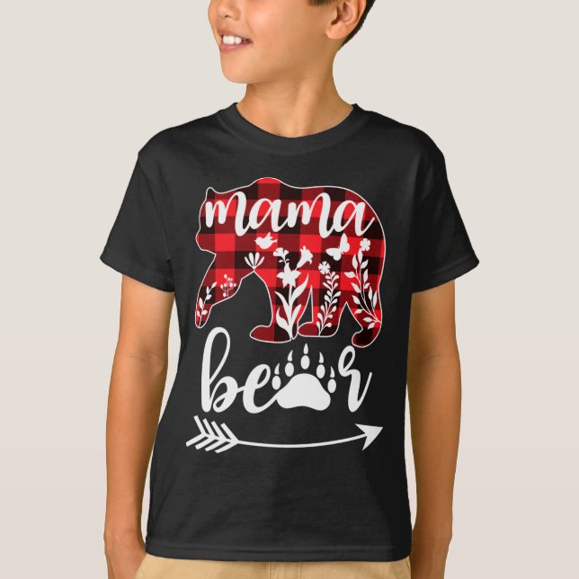 Camiseta Mamãe Bear Natal Pajama Buffalo Xadrez Vermelha Ma (Frente)