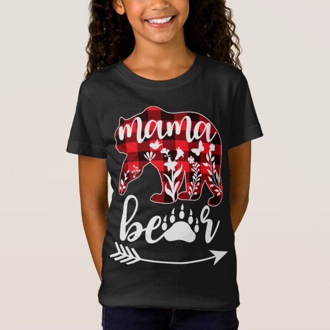 Camiseta Mamãe Bear Natal Pajama Buffalo Xadrez Vermelha Ma (Frente)