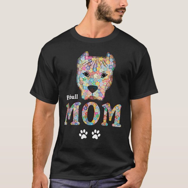 Camiseta Mamãe Cachorro Cachorro Touro-Mãe Flores Rosa (Frente)