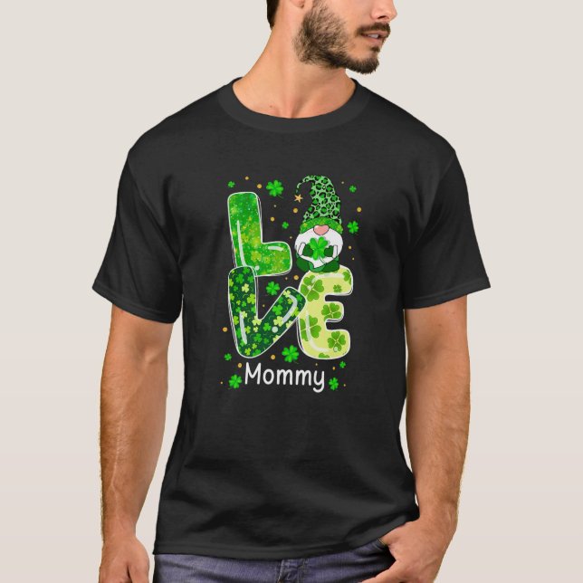 Camiseta Mamãe de amor Gnomo Lover Leopard Shamrock Rua Pat (Frente)