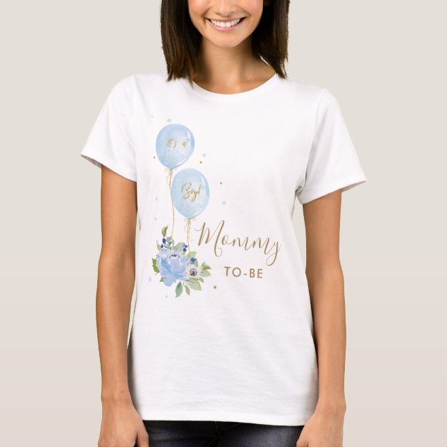 Camiseta Mamãe de Chá de fraldas Floral Blue Balloons a ser (Frente)
