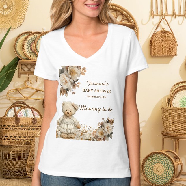 Camiseta Mamãe de Urso Floral para Chá de fraldas T-Shirt (Criador carregado)