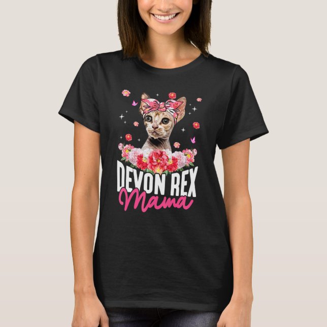 Camiseta Mamãe Devon Rex Fofa Bandana de Flor de Gato   Dia (Frente)