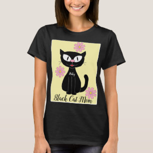 Camiseta Mamãe Gato Preto com Flores Bonito Rosa