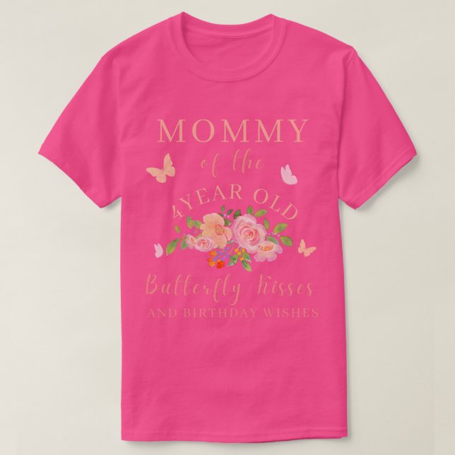 Camiseta Mamãe Mãe Borboleta Beijos E Aniversário Deseja 4  (Frente do Design)