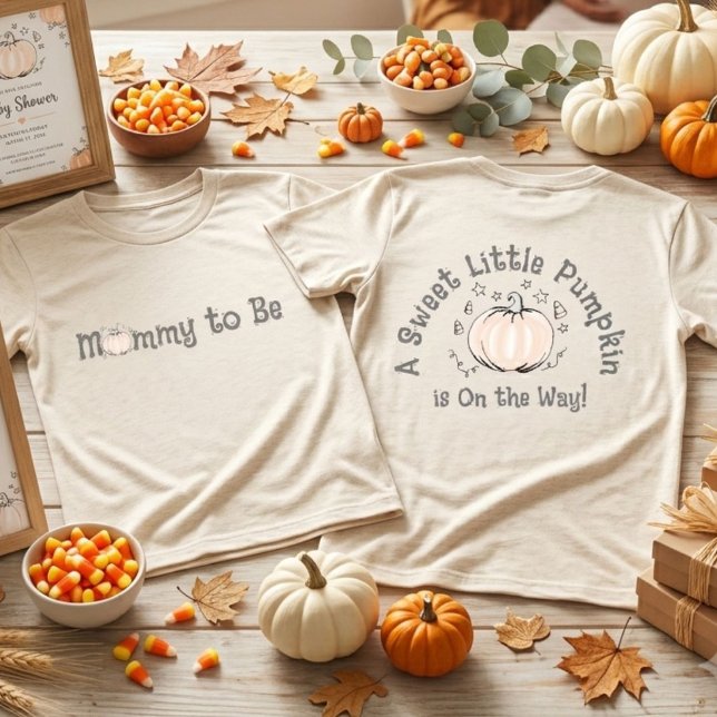 Camiseta Mamãe Pequena Abóbora Doce (Sweet Little Pumpkin Mommy to Be t-shirt, hand-drawn ink art, festive autumn pregnancy apparel)