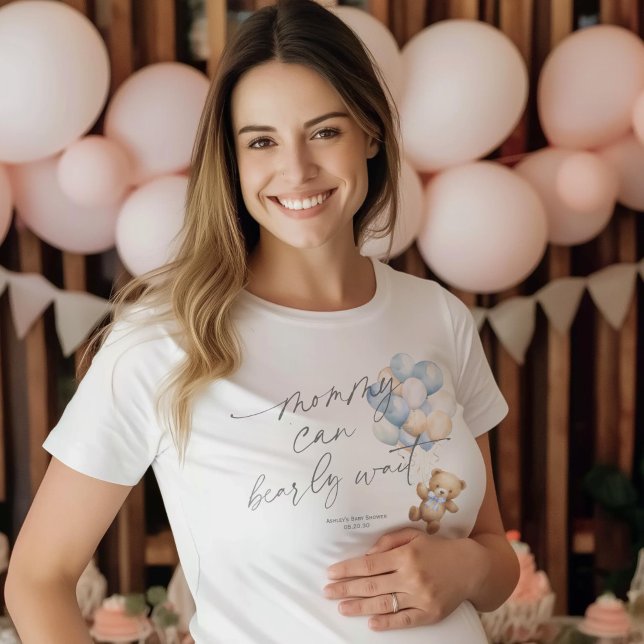 Camiseta Mamãe Pode Esperar, Chá Blue Baby Boy (Blue, Mommy can bearly wait, Baby Blue shower mom-to-be t-shirt)