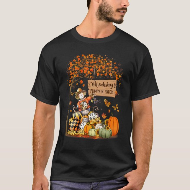 Camiseta Mamãe Pumpkin Patch Fall Deixa Obrigados Espantano (Frente)