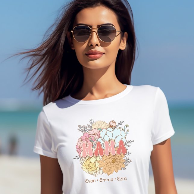 Camiseta Mamãe Retro Pastel Floral Mãe Filhos Nomes (Mama Retro Floral Pastel Mom Children Kids Names T-Shirt)