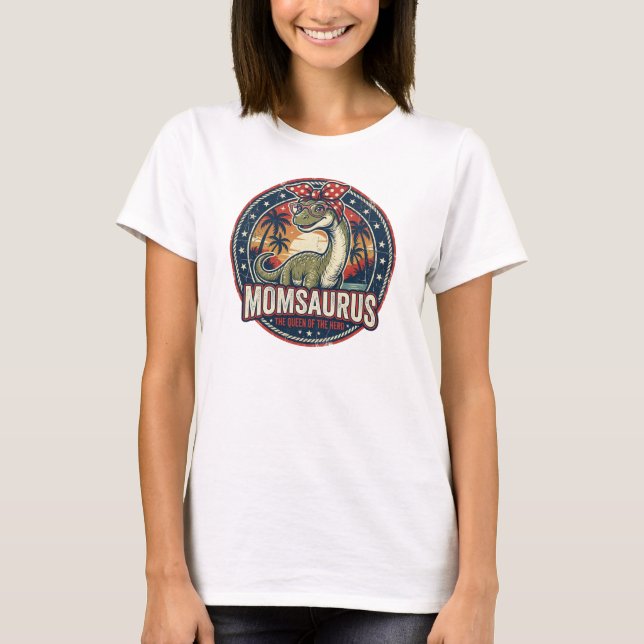 Camiseta Mamãe Rex com Bebê | Mãe Dinossauro com Lenço Azul (Frente)