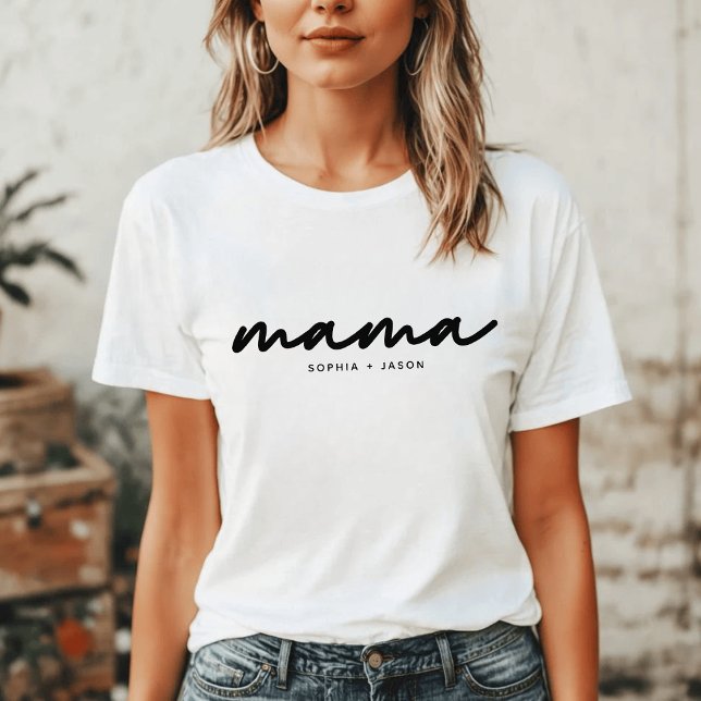 Camiseta Mamãe | Script Preto com Nomes de Crianças (Criador carregado)