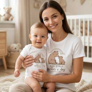 Camiseta Mamãe Urso Macio Amor de Bebê Primeiro Design do D