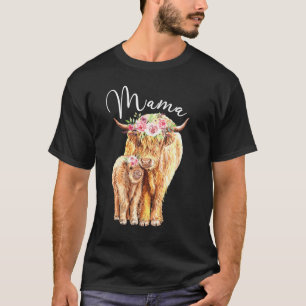 Camiseta Mamãe Vaca das Terras Altas Com Bezerro Bebê Flora