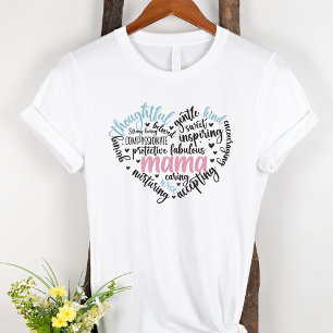 Camiseta Mamãe Word Cloud Blue e Pink Heart Mãe