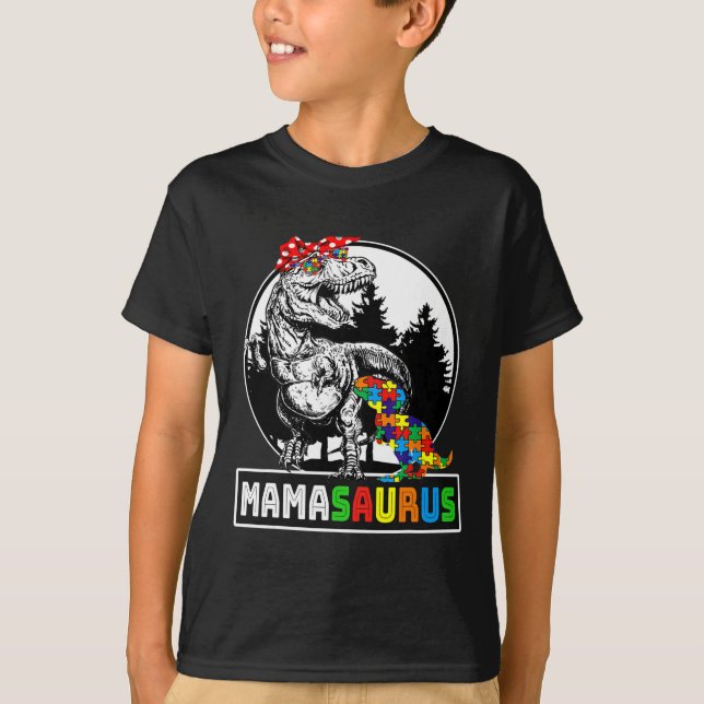 Camiseta Mamasauro T Rex Dinossaur Mama Saurus Autism Aware (Frente)