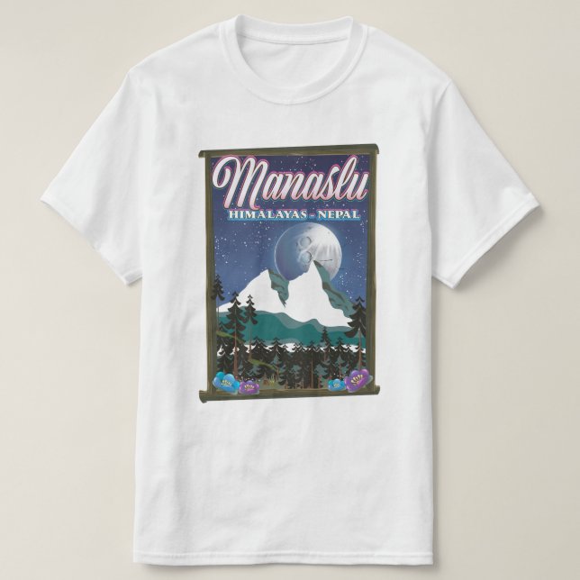 Camiseta Manaslu Himalaias Nepal mapa de pôster de viagem (Frente do Design)